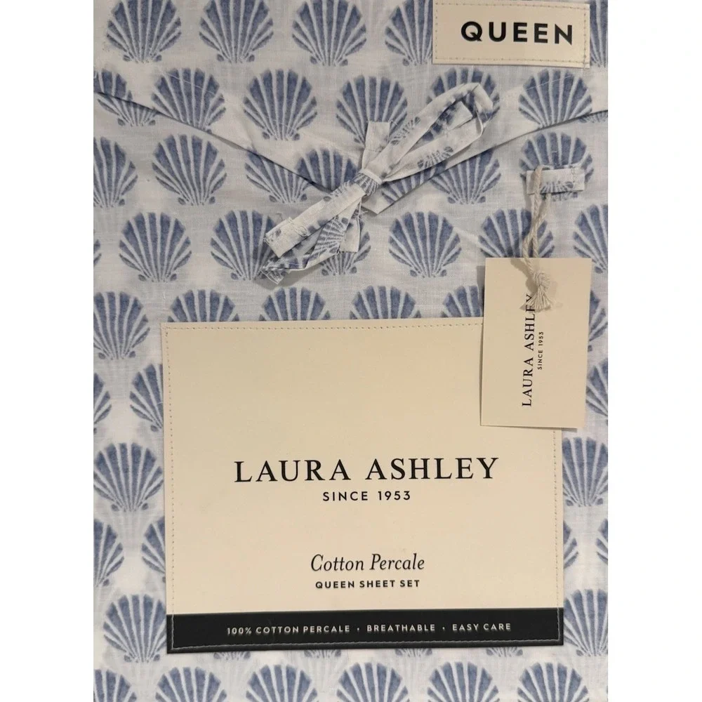 4pc Laura Ashley Blue Seashell QUEEN Sheet Set SCALLOP Shells Beach Coastal NEW